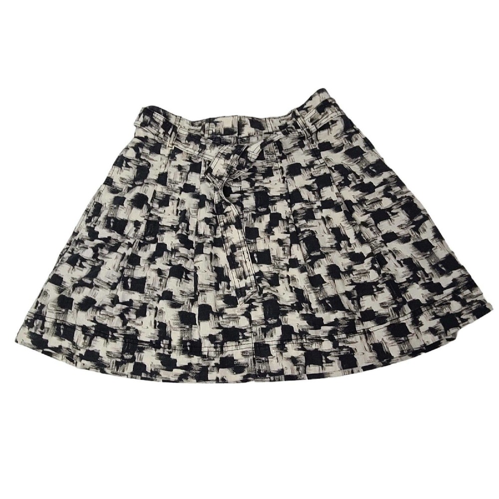 Ann Taylor LOFT Womens Black White Linen Cotton Skirt 0P Belted Pleated Abstract